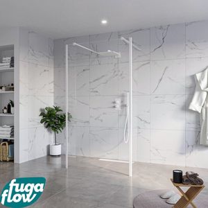FugaFlow Eccelente Vetro Vrijstaande inloopdouche badkamer - 110x200cm - Helder - antikalk - 8mm veiligheidsglas - 2 zijwanden 30cm - met wandarmen en hoekprofielen - Wit mat -