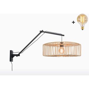 Wandlamp met Lange Arm - BROMO - Zwart Bamboe - Naturel Kap (60x18cm) - Met LED-lamp