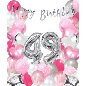 Snoes Ballonnen 49 Jaar Pink Blush Silver Mega Ballon - Compleet Feestpakket 49 Jaar - Verjaardag Versiering Slinger Happy Birthday – Folieballon – Latex Ballonnen - Helium Ballonnen - Zilver en Roze Verjaardag Decoratie