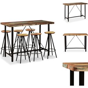 vidaXL Industriële bartafel en 6 barkrukken - 150x70x107 cm - massief gerecycled hout en staal - Set tafel en stoelen