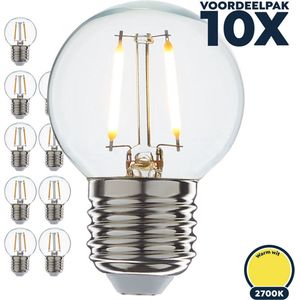 Led filament E27 kogellamp 1 Watt, warm wit licht (2700K), dimbaar tot 0%, 100 lumen - Voordeelpak 10 stuks - Ø45mm