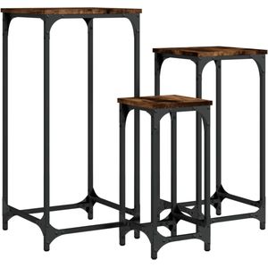 The Living Store 3-delige Tafeltjesset bewerkt hout gerookt eikenkleurig - Bijzettafel - Industrieel Meubel - Houten Bijzettafel - Multifunctioneel Meubel - Stackbare Tafels