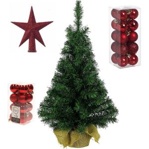 Volle kunst kerstboom 75 cm in jute zak met rode versiering 37-delig - Kerstdecoratie set
