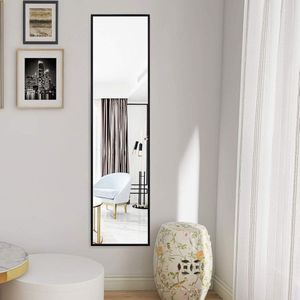 Spiegel met Zwarte Metalen Frame 120 x 30 cm - Grote wandspiegel HD Full-body Spiegel met Haken - Voor De Hal, De Slaapkamer, De Woonkamer en De Badkamer
