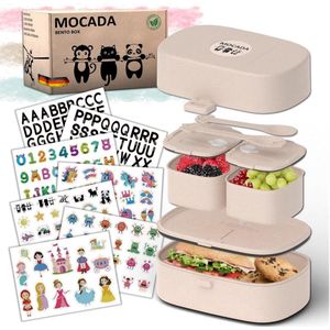 Bento Box voor kinderen, inclusief 216-delige stickerset, BPA-vrij, lekvrije lunchbox met bestek en vakken, duurzame broodtrommel zonder schadelijke stoffen voor school en uitstapjes (beige)