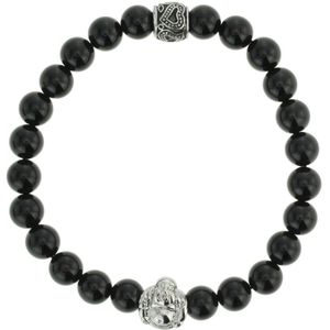 Behave Zwarte elastische heren armband met boeddha van edelstaal en halfedelsteen