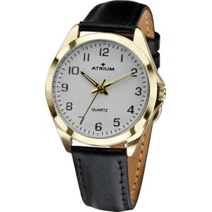 ATRIUM Horloge Dames - Goud - Analoog - Leer Zwart - Lederen Bandje - Verstelbaar - Duidelijk - Quartz uurwerk- Edelstalen sluiting - A11-20