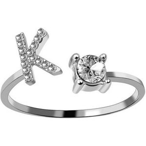 Ring Met Letter - Ring Met Steen - Letter Ring - Ring Letter - Initial Ring - Zilver Letter K - Cadeautje voor haar