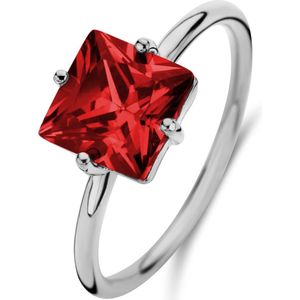 New Bling 9NB-1130-50 Zilveren Ring met Zirkonia Steen - Oranje/Rood - 8mm - Vierkant - Maat 50 - Rhodium - Zilver