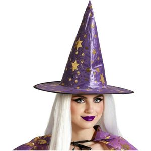Halloween heksenhoed - met sterren - one size - paars/goud - meisjes/dames - verkleed hoeden