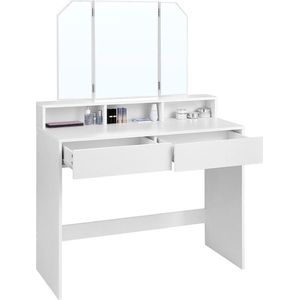 Rootz Kaptafel - Opvouwbare spiegel en 2 lades - Make-upbureau met planken - Slaapkamerorganizer - Kaptafel - Stijlvol kaptafel - Spaanplaat - Wit - 100 x 40 x 142 cm (L x B x H)