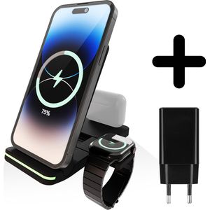 3 in 1 Foldable Wireless Charger geschikt voor Apple iPhone / Apple Watch / AirPods - Oplader draadloos - iPhone Oplader met kabel - USB A naar USB C - Opvouwbaar Docking station - Vouwbaar Oplaadstation - GSM lader Qi station met adapter