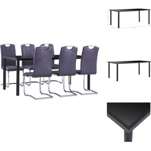 vidaXL Eetset Tafel Stoel - Zwart Gehard Glas 180x90x75 cm - Grijs Kunstsuède - Handvat - Montage vereist - Set tafel en stoelen