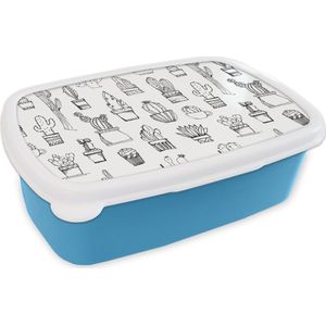 Broodtrommel Blauw - Lunchbox - Brooddoos - Cactus - Bloempot - Patronen - 18x12x6 cm - Kinderen - Jongen