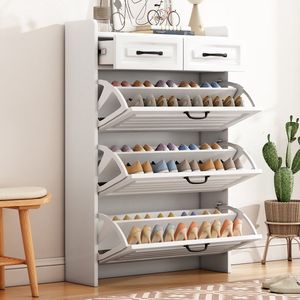 Sweiko Schoenenkast - 3 grote kleppen - 2 laden - houten schoenenkast - 80*23.5*125cm - Wit