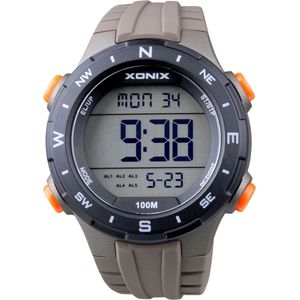 Xonix DAX-A04 - Horloge - Digitaal - Heren - Mannen - Rond - Siliconen band - LCD - ABS - Cijfers - Achtergrondverlichting - Alarm - Start-Stop - Chronograaf - Tweede tijdzone - Waterdicht - 10 ATM - Khaki - Zwart - Oranje