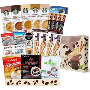 Premium Instant Coffee Hamper Box - Cappucino, Mocha, Caramel & Vanilla Latte - Met Heerlijke Godiva Caramel Chocolade Cadeau Idee Voor Koffieliefhebbers (Koffie & Koekjes)