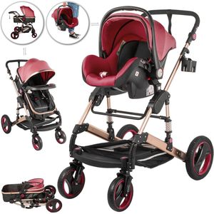 HandyHaven® - Kinderwagen 3 in 1 - Baby - Luxe Wandelwagen - Roze - Rood - Verstelbaar - Draagbaar - Opvouwbaar - Met autostoeltje - Voorwielen 360° - Hoogte 101cm - Duurzaam