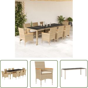 The Living Store 9-delige Tuinset met kussens poly rattan en glas beige - Tuinset - Buitenmeubel - Lounge Set - Eetkamerset - Patio Set
