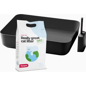 Hoopo® Poh Kattenbak Grijs - MET 1 zak Tofu Kattenbakvulling - Open Kattenbak - Design Kattenbak - Kattenbakschep - 50x37.5x12.7 cm - Grote Kattenbak