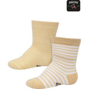 Bonnie Doon Sokken Set Gestreept en Effen voor Baby's Beige/Wit 0-4 mnd - Organisch Katoen - 2 paar - GOTS gecertificeerd - Stay-on-socks - Unisex - Jongens - Meisjes - Zakt niet Af - 2-pack - Multipack - Licht Geel - Sheepskin - OL0441012.346