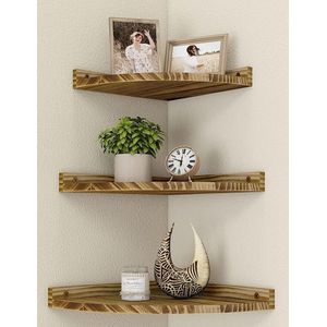 Double Hangend Houten hoekrek, 3-delige set, vintage zwevende planken, rustieke hoekplanken voor aan de muur, boekenrek met rond uiteinde, zwevend rek, voor badkamer, keuken, slaapkamer, woonkamer