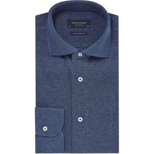 Profuomo slim fit jersey overhemd - knitted shirt pique - jeansblauw melange - Strijkvrij - Boordmaat: 44