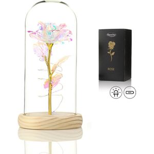 Luxe Roos in Glas met LED – Valentijn - Gouden Roos in Glazen Stolp – Moederdag - Bekend van Beauty and the Beast - Cadeau voor vriendin moeder haar - Galaxy Rose - Kleuren LED - Lichte Voet – Qwality