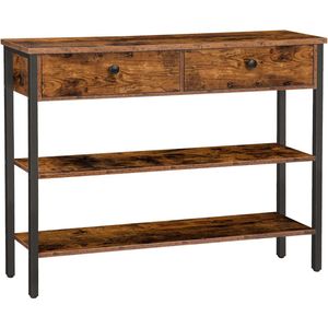 EBF32XG01 Consoletafel, 100 x 24 x 80 cm, haltafel met 2 laden en 2 planken, salontafel met stevig metalen frame, voor entree, hal, woonkamer, vintage bruin/zwart