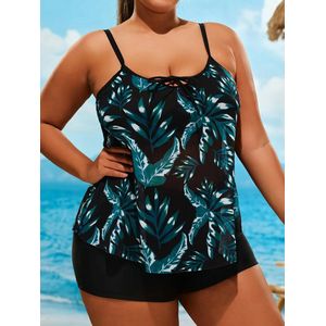 Sexy Tankini set voor dames- Badpak dames- Grote Maten Tropische Mesh-strikt aan de Voorkant Met Ronde Hals, Half doorschijnend Cami-top- 2-delige Set 166- Zwart donkergroen- Maat L
