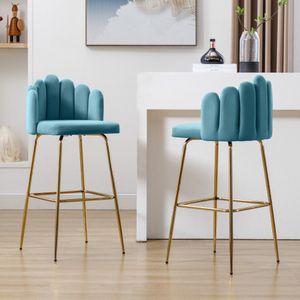 Fluwelen Barstoelen - 2-delige Set - Moderne Vrijetijdsstoelen - Bloemblaadjesstoelen met Vier Metalen Steunpoten - Geschikt voor Restaurants en Bars - Blauw