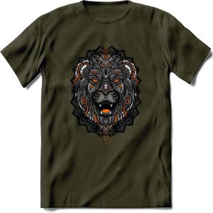 Leeuw - Dieren Mandala T-Shirt | Oranje | Grappig Verjaardag Zentangle Dierenkop Cadeau Shirt | Dames - Heren - Unisex | Wildlife Tshirt Kleding Kado | - Leger Groen - S