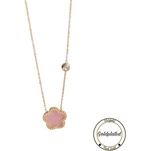 RVS Klaver Ketting | Goldplated | 45+7 | Roze | Geluk | Klavertje vier | Dames Cadeau | Soraro | Chain | Dames Ketting