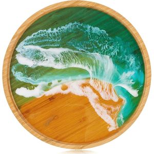Decoratief dienblad Serveerschaal Rond: Kleine bamboe houten dienblad met oceaanzandpatroon, hars serveerschalen ter decoratie voor koffie en keuken.