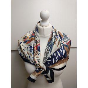 Vierkante dames sjaal Pia gebloemd motief blauw wit grijs geel oranje bruin rood 90x90