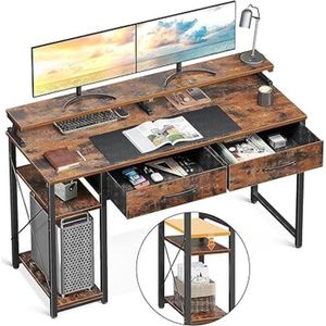 SHOP YOLO-computerbureau-met planken- 2 laden-120 x 50 x 87 cm-monitorstandaard-bureautafel met boekenkast-kantoortafel voor thuiskantoor-rustiek bruin