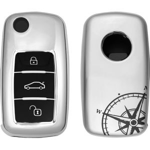 kwmobile autosleutelhoes geschikt voor VW Skoda Seat 3-knops autosleutel - TPU beschermhoes - sleutelcover - Vintage Kompas design - zwart / zilver