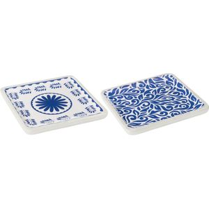 J-Line schaal Vierkant Bloemen - hout - blauw/wit - 2 stuks
