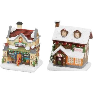 Set van 2x stuks Kerstdorp kersthuisjes bakkerij en speelgoedwinkel met verlichting 12,5 cm - Kerstversiering/kerstdecoratie
