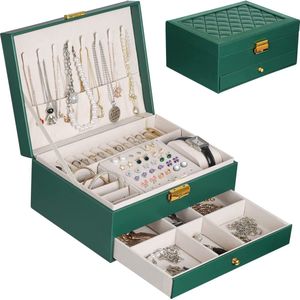 Sieradenkistje, 2 niveaus, sieradenopbergdoos, rijst-PU-leeg, sieradenorganizer voor dames, meisjes, voor ringen, oorbellen, halskettingen en horloges, met slot en sleutels, donkergroen