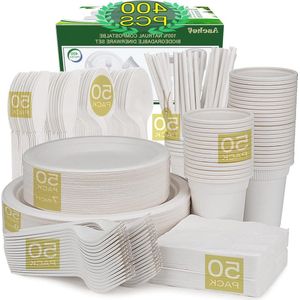 400 Stuks Eco Wegwerp Servies Sets - Biologisch Afbreekbaar - Bagasse Kartonnen Papieren Borden - Vorken Messen Lepels - Kamperen Feest - 50 Persoon Bordenset