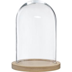 Atmosphera Home decoratie glazen stolp op houten plateau - glas/lichtbruin - D15 x H24 cm - Woonaccessoires