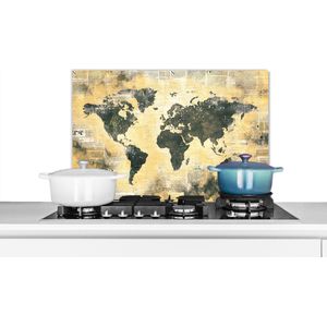 Spatscherm keuken 70x50 cm - Kookplaat achterwand Wereldkaart - Grijs - Krant - Muurbeschermer - Spatwand fornuis - Hoogwaardig aluminium