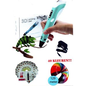 3D Pen-3D pen starterspakket-Inclusief 129 Meter Filament in 40 kleuren - Boek met 40 bladzijden met sjablonen en herbruikbaar transparant overtrekvel- Oplader - Penhouder - blauw