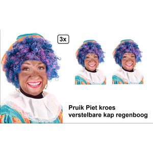 3x Pieten pruik luxe regenboog verstelbare kap - Sinterklaas feest thema feest Sint en Piet