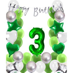 Snoes Ballonnen 3 Jaar Wit Groen Zilver Mega Ballon - Compleet Feestpakket 3 Jaar - Verjaardag Versiering Slinger Happy Birthday – Folieballon – Latex Ballonnen - Helium Ballonnen