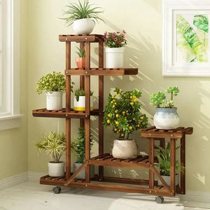 Plantenrek - Vakkenkast - Verplaatsbaar - Wielen - Binnen en Buiten - Grenenhout - 6 Vakken - 95x26x96 cm - Kantoor - Huiskamer - Tuin - Dressoir