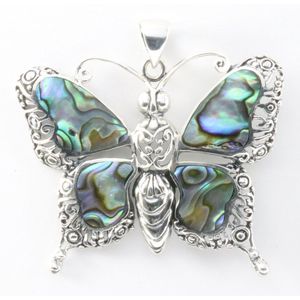 Grote zilveren vlinder hanger met abalone schelp
