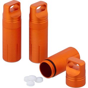 Relaxdays pillenkoker set van 3 - waterdichte capsule - reis pillendoosje - sleutelhanger - Oranje