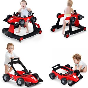 4-in-1 loophulp voor baby's, in hoogte verstelbare en inklapbare babywalker, loopvrij vanaf 6 maanden, loopwagen met instelbare snelheid, licht en muziek (rood)